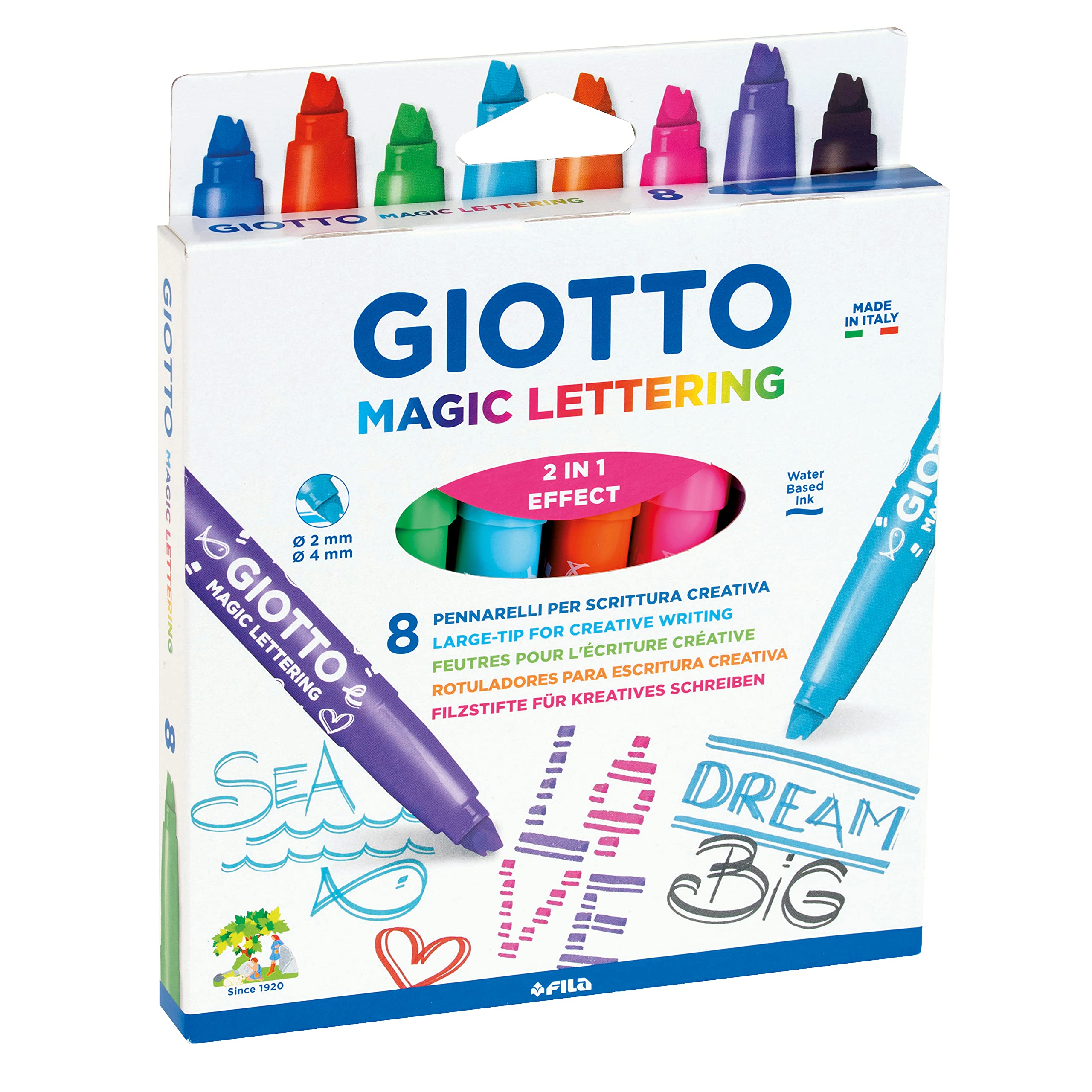 GIOTTO Turbo Giant Magic Lettering Felt Tip Fibre Pens, Special Tip, 8 Assorted Colours, Ideal for Children, Parties and Schools