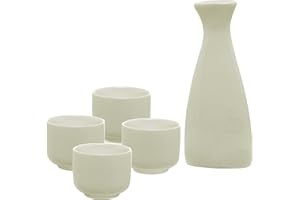 White Ceramic Sake Serving Carafe and 4 Cups - Traditional Japanese Style 5 Piece Gift Set by MyGift