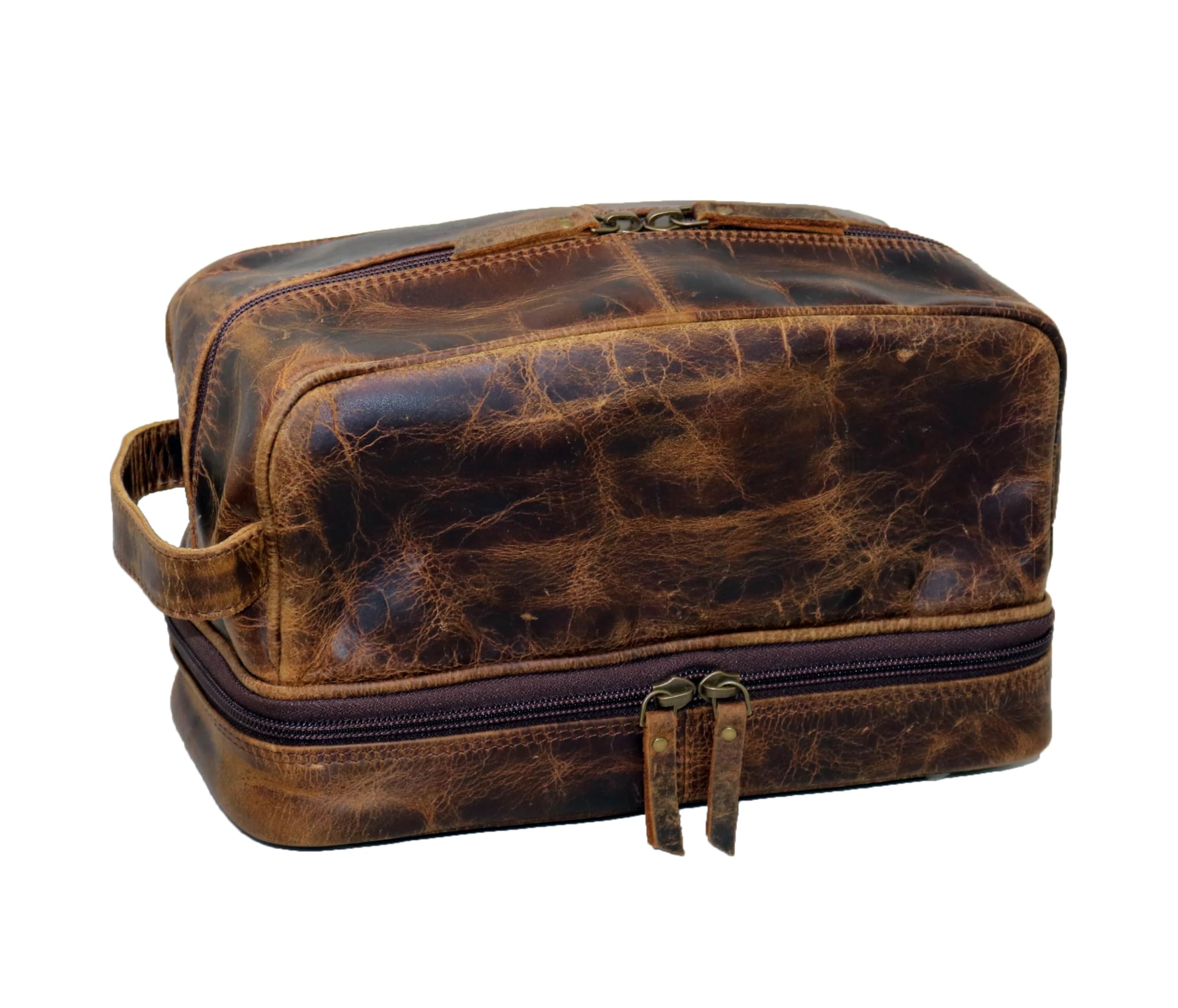 Men's Buffalo Genuine Leather Toiletry Bag Waterproof Dopp Kit Shaving Bags and Grooming for Travel Groomsmen Gift Men Women Hanging Zippered Makeup Bathroom Cosmetic Pouch Case Make Up kit