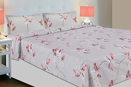 haus & kinder Elegant Floral Luxure, 100% Cotton, 144 Thread Count, Double Bedsheet with 2 Pillow Covers (Grey)