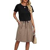 OFEEFAN Womens Summer Dresses Fashion Short Sleeve Crew Neck T Shirt Sundresses Casual Tie Waist with Pockets