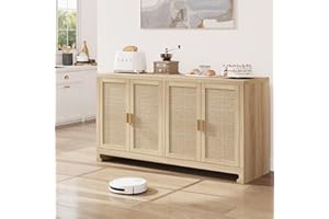GarveeTech Modern Rattan Buffet Cabinet with 4 Doors & Adjustable Shelf – Spacious Storage Sideboard Console Table for Entryw