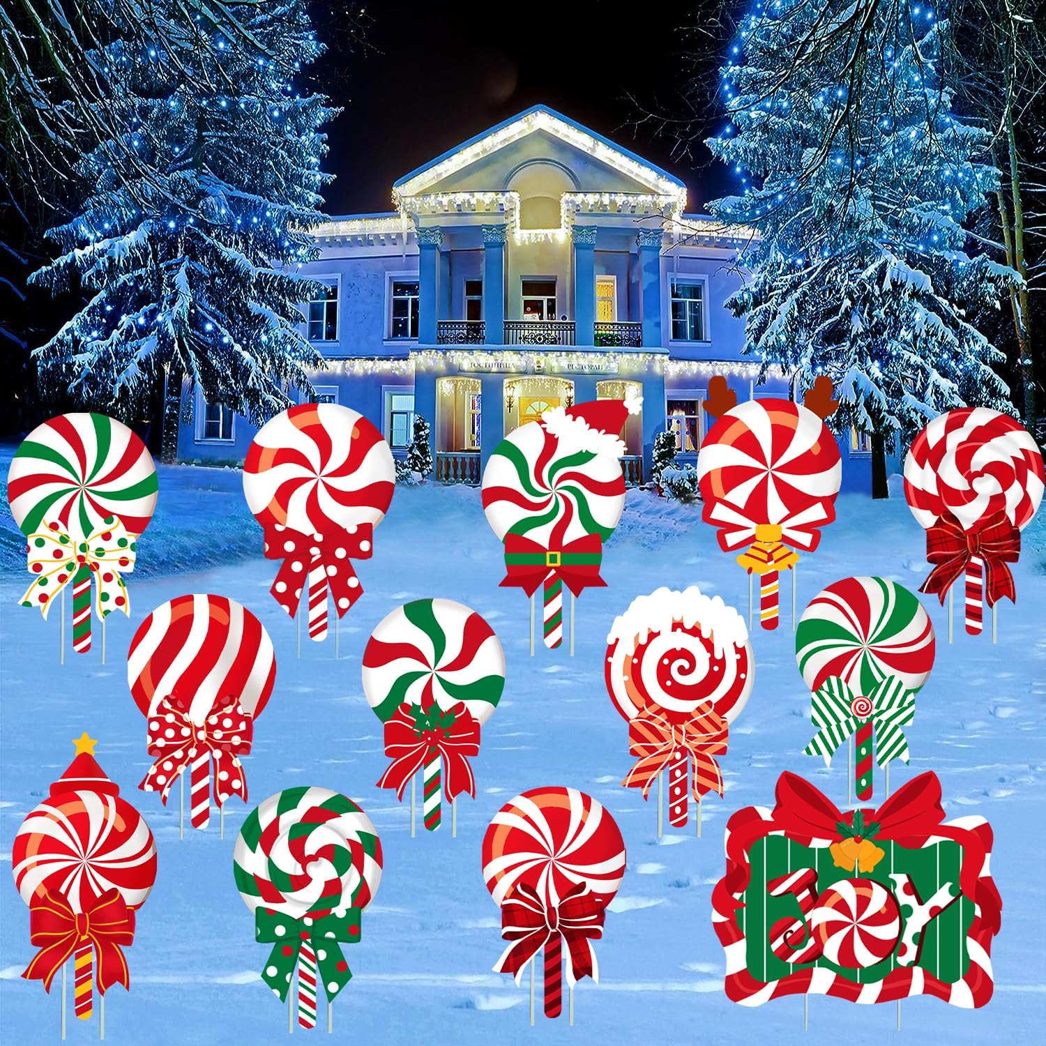 Yard Signs - JOICEE 13pcs Christmas Outdoor Yard Signs Candy Decorations, Peppermint Lollipop Candy Signs with Stakes for Holiday Party Home Lawn Pathway Decorations Supplies