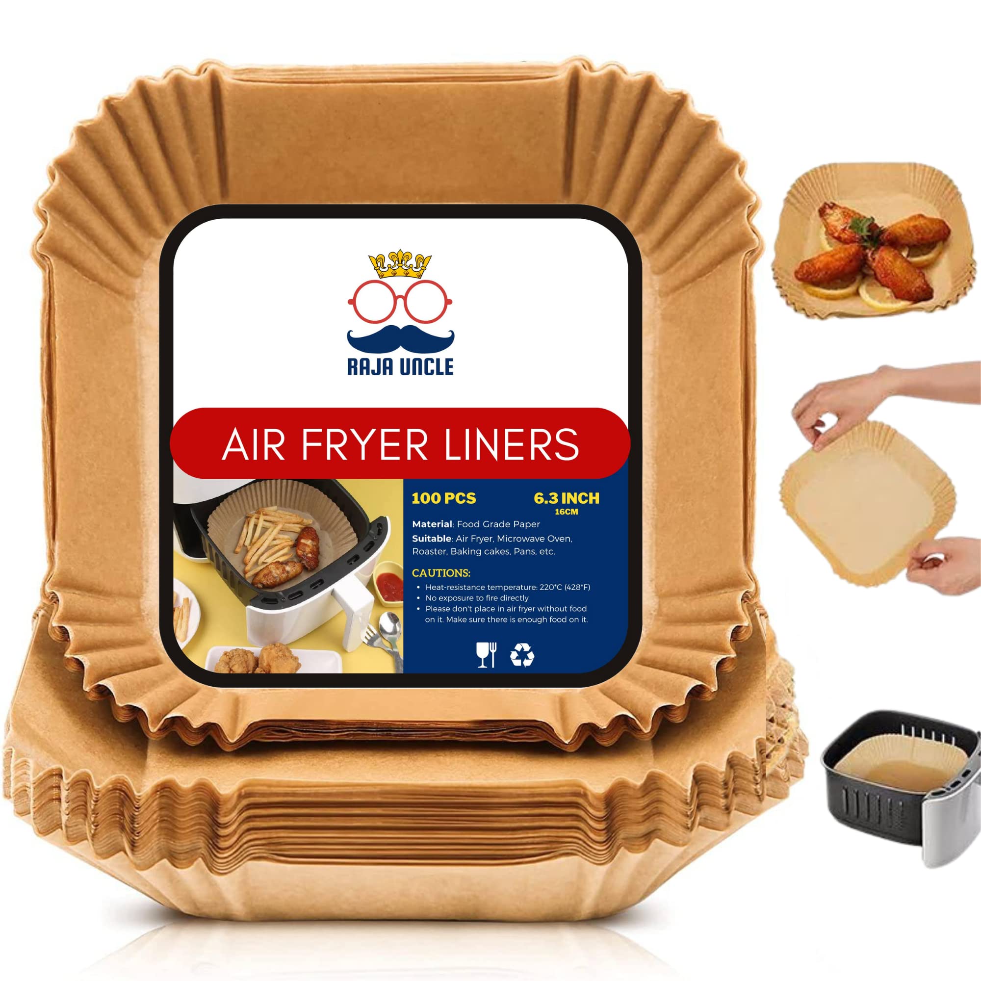 RAJA UNCLE Air Fryer Liners, Parchment Disposable Paper Liners, 100PCS of 6.3 inch Square, Non-Stick, Greaseproof Air Fryer Paper Liners