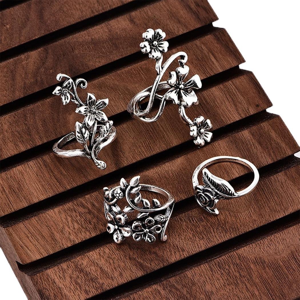 Hotstype 4 Pcs Vintage Style Carved Rose Flower Leaf Ring Set Rings