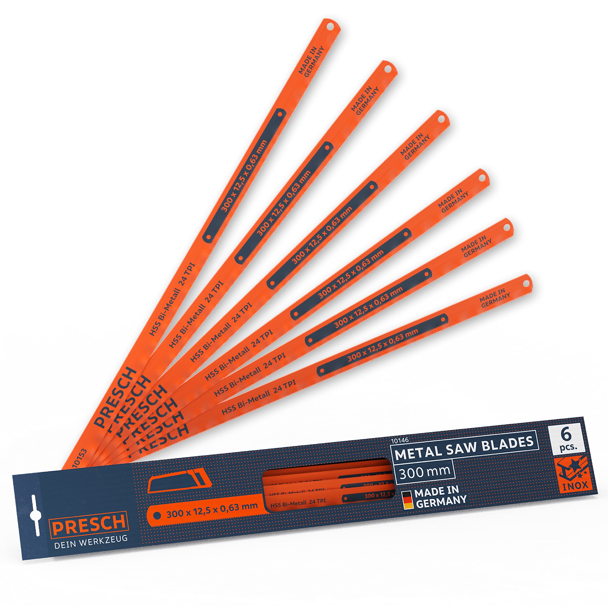 Presch Hacksaw blades 300mm 6 pcs - Handsaw edges for 300mm hacksaws - Bi-metal saw edge 300 mm with HSS sawing edge for non-ferrous metals (copper), stainless steels, plastics