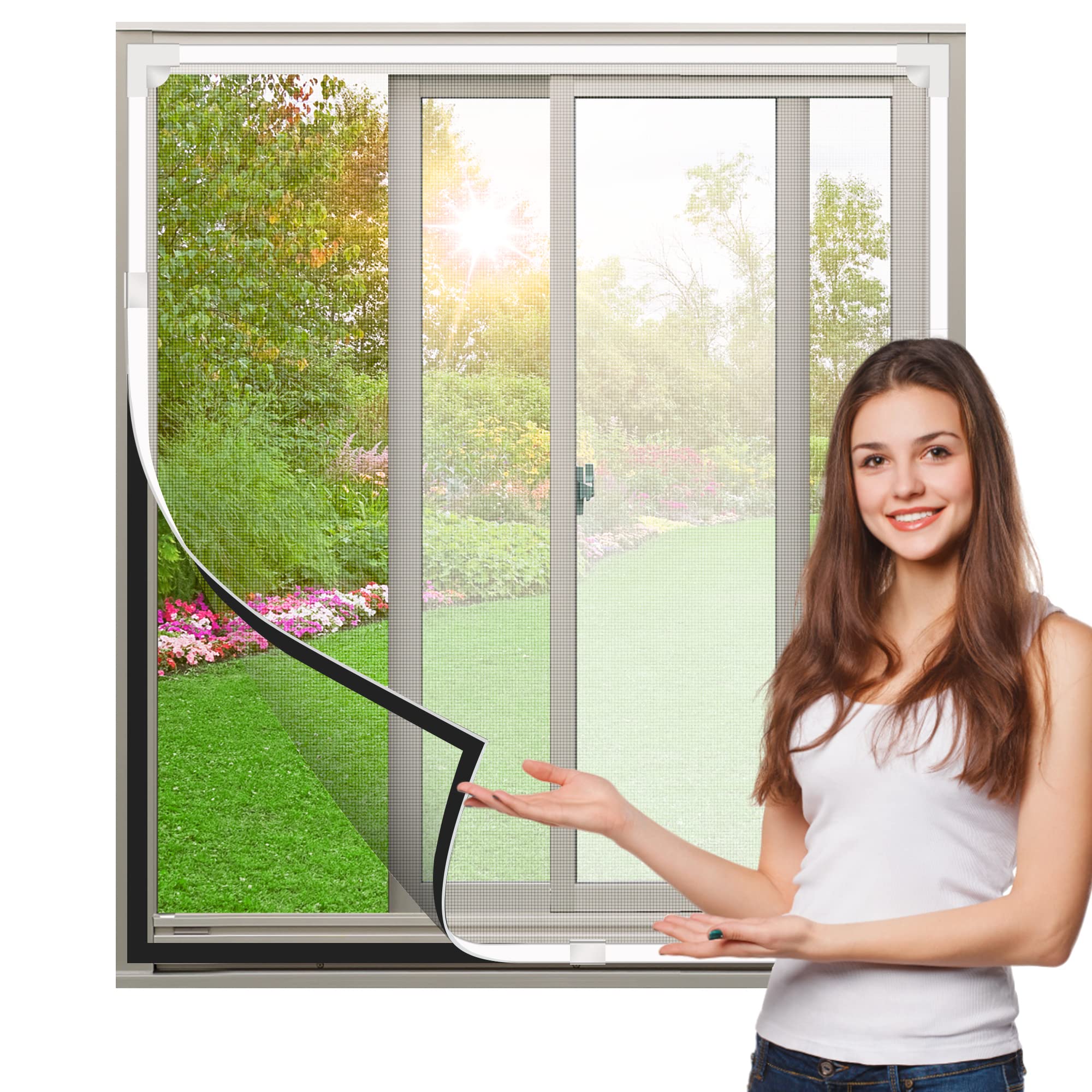 Adjustable DIY Magnet Fly Window Screens Max 150x180CM Fiberglass Mesh, Removable Anti-Mosquito Screens Keep Out Bugs/Flies/Mosquitoes (White Frame, Grey Encrypted Mesh)