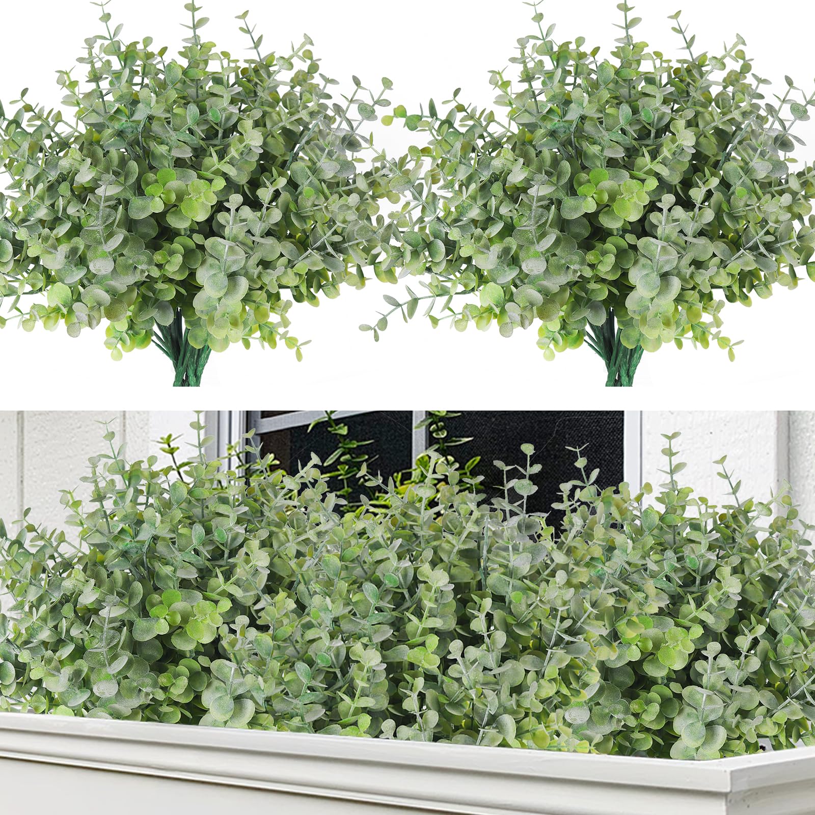 RECUTMS 8 Bundles Artificial Greenery Plants Stems Outdoor Fake Eucalyptus Plants Boxwood Bushes for Spring Farmhouse Bathroom Office Vase Centerpiece Indoor Easter Decoration(Dusty Green)
