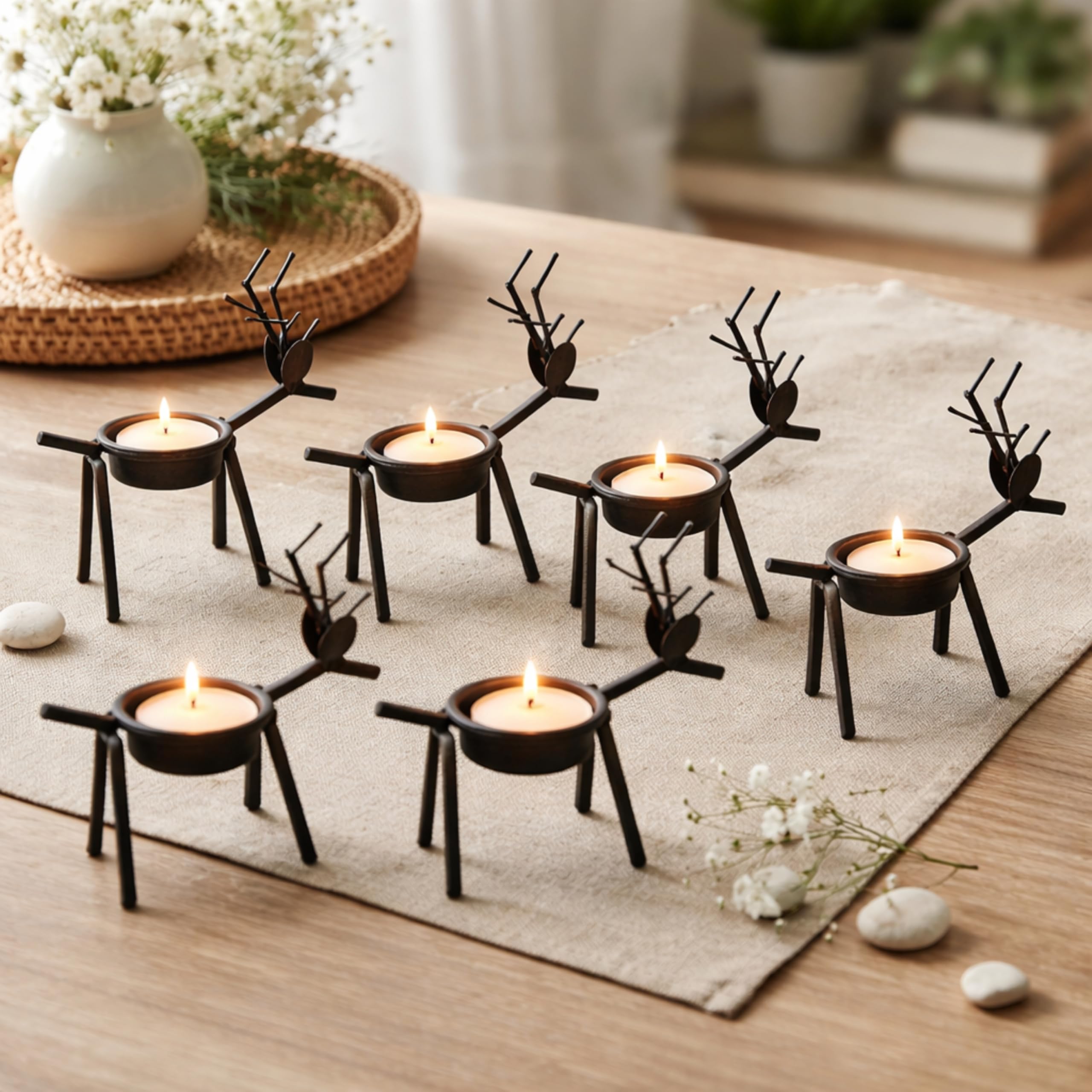 Marco Paul Interiors Set of 6 Metal Reindeer Tealight Candle Holders with 6 White Tealights Included – Rustic Woodland Table Centrepiece, Farmhouse Spring Decor, Easter & Mother’s Day Home Decoration