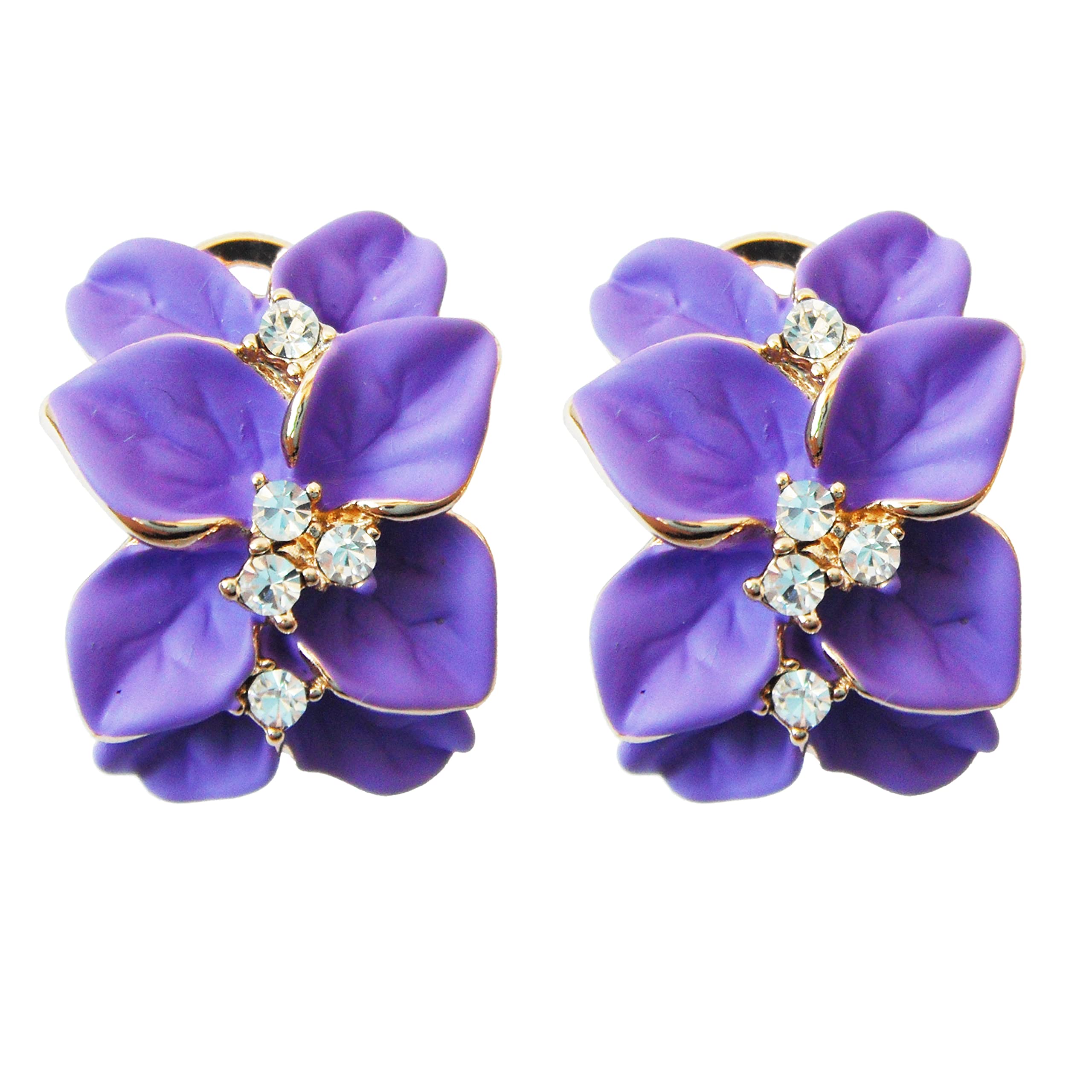 Navachi 18k Gold Plated Crystal Purple Enamel Leaves Flower Az2122e Omega Earrings