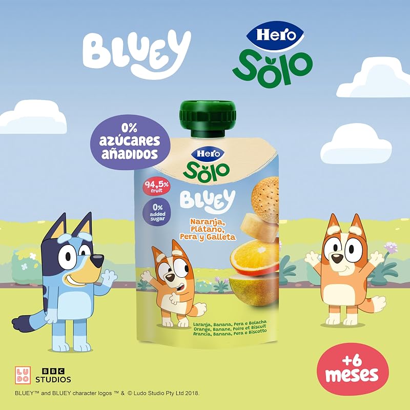Hero Solo Bolsitas Naranja Plátano Pera y Galleta Desde 6 Meses, 18 x 100 g