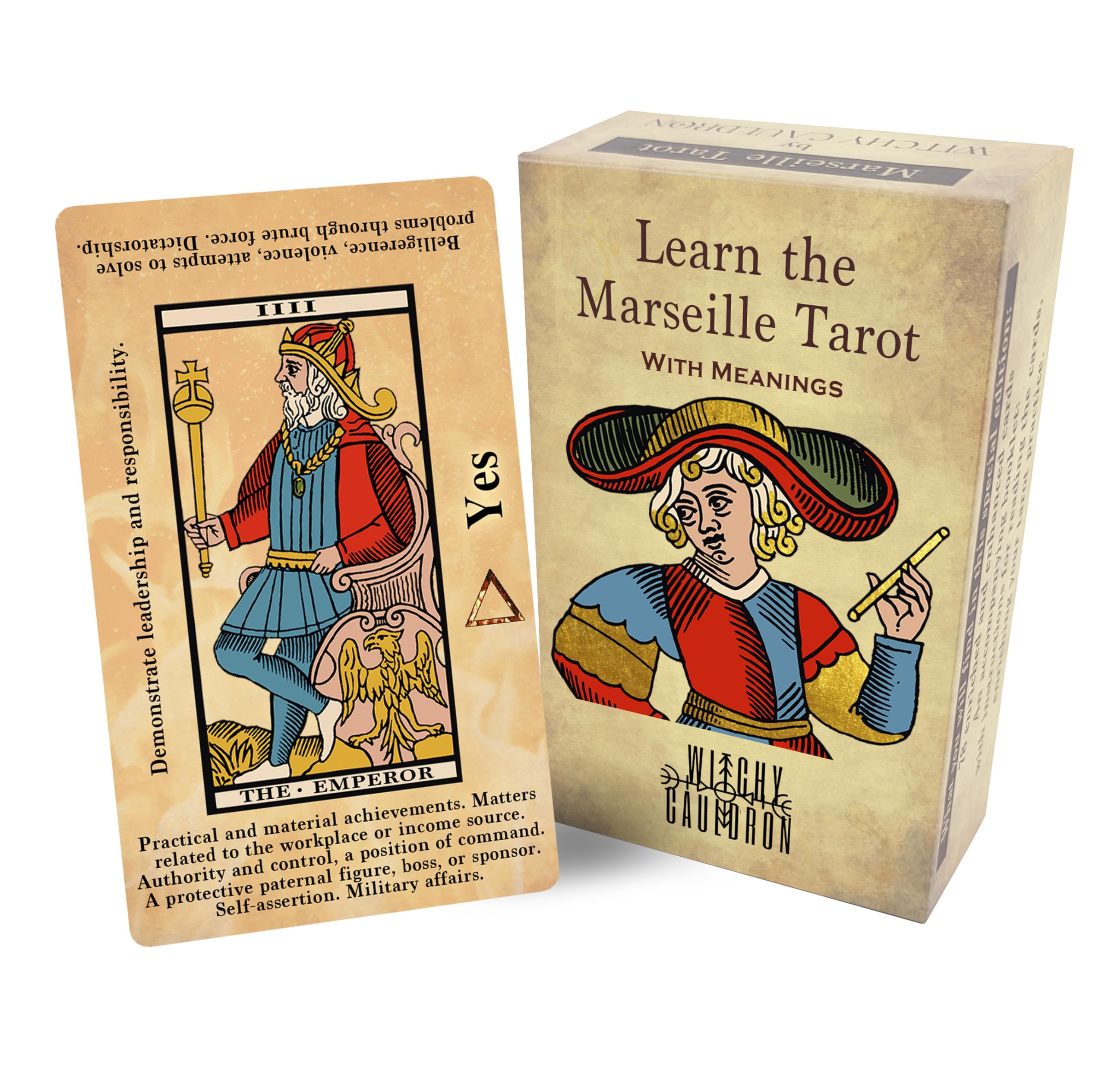 Witchy Cauldron Marseille Tarot Deck for Beginners with Meanings on Them - 78 Card Tarot de Marseille Learning Deck, Illustrated Cards with Easy-to-Read Interpretations, No Guidebook Needed