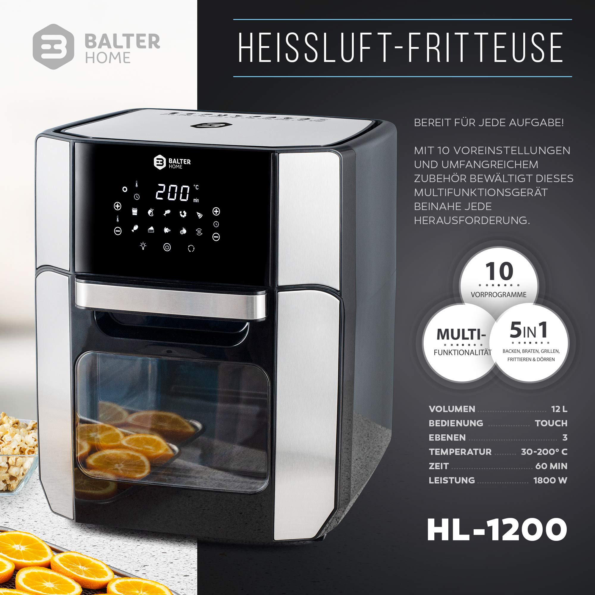 Balter Heißluftfritteuse Airfryer, 12 Liter XXL, Mini Backofen, Dörrautomat, Friteuse Heissluftfritteuse, 10 Programme, all-in-1 Air Fryer, Rezeptbuch, HL-1200 7