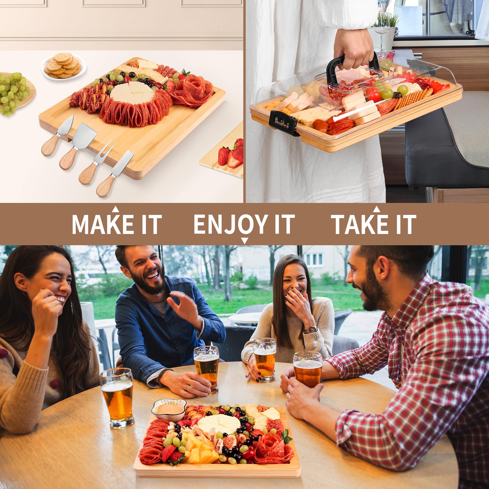 CAWIU Charcuterie Board with Lid and Handle - Portable Travel Design Bamboo Cheese Board Set with 4 Cheese Tools, Gift for Housewarming, Weddings, Picnics (1 Compartment, White)