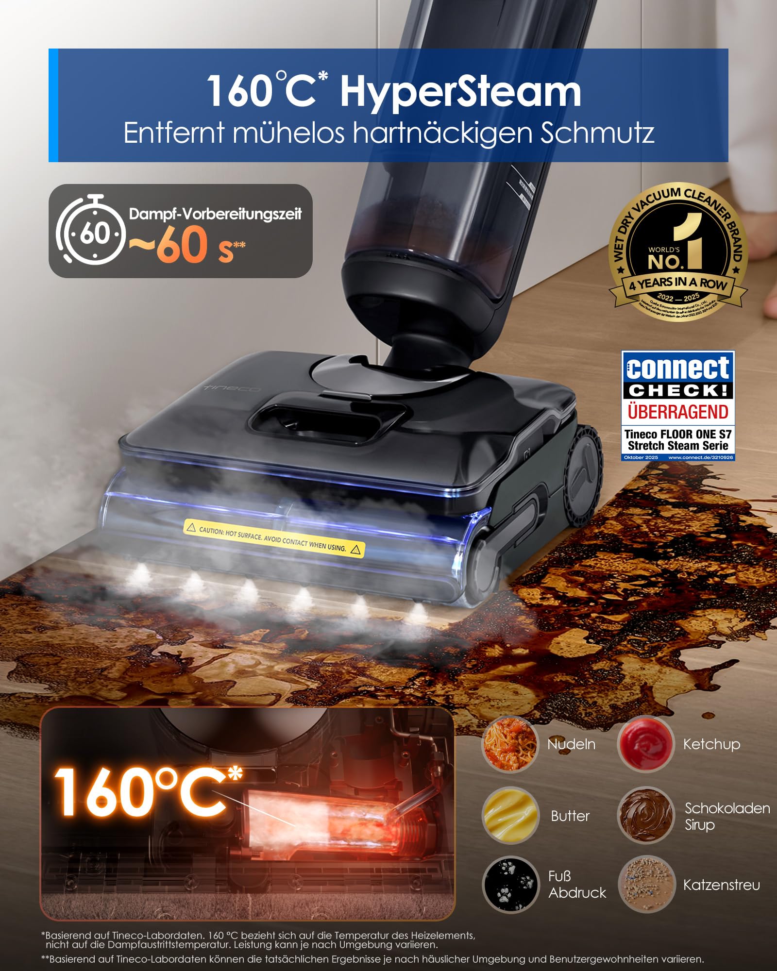 Tineco FLOOR ONE S7 Stretch Steam Nass Trockensauger 160 °C HyperSteam Dampfreiniger, 80 Min Laufzeit, DualBlock Anti-Tangle, FlashDry Selbstreinigung, Dreiseitige Kantenreinigung, hartnäckige Flecken 2
