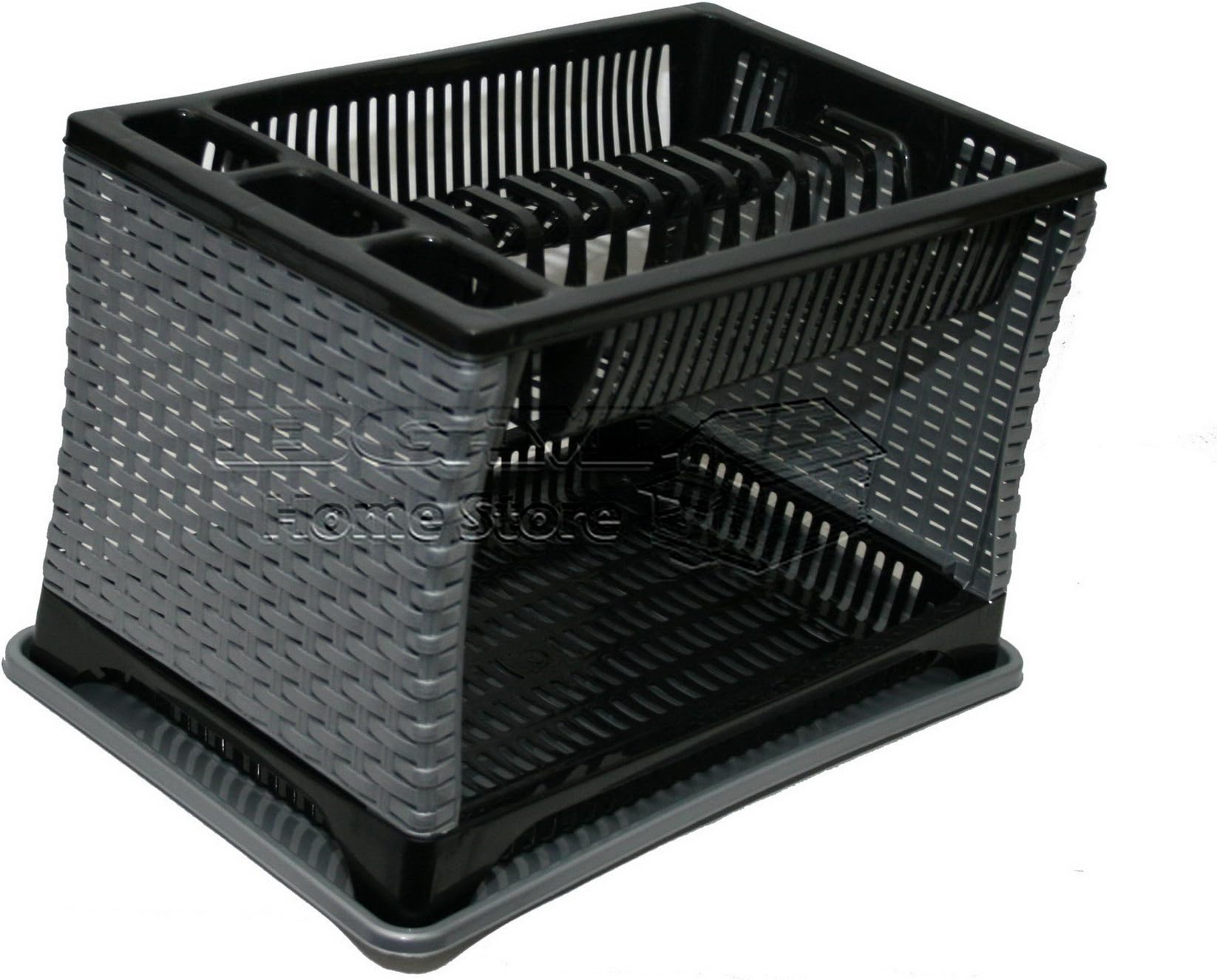 Raddan Stylish Design Two 2 Layer Plastic Dish Drainer Rack Utensil Cutlery Black Shelf and Silver Tray