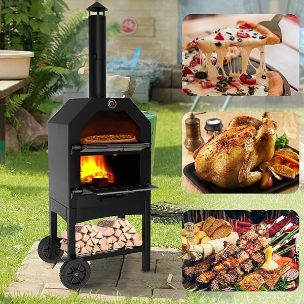 Costway Outdoor Pizza Oven Wood Fire Pizza Maker Grill W/ Pizza Stone