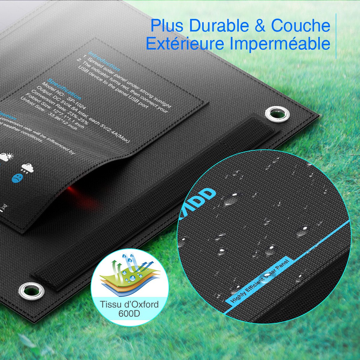 Poweradd Panneau Solaire Pliable 24W, Deux Ports Cachés de Sortie 4.8A Total Chargeur Solaire Imperméable de Haute Conversionet et Deux Câble USB Inclus pour iPhone, Androids et des Tablettes, etc.