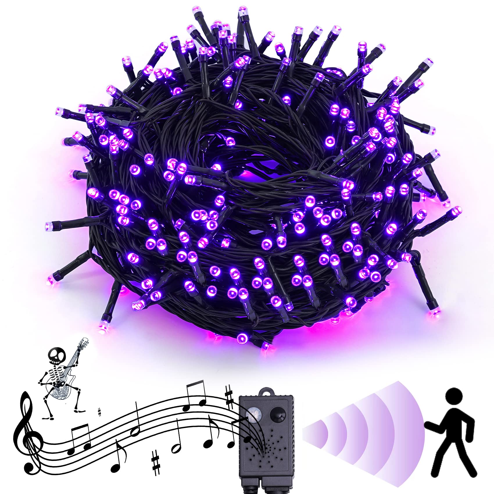 Photo 1 of Rotu Halloween Lights Outdoor 114.8 ft 300 LED String Lights with Music Sync Spooky Sounds Halloween Decorations Fairy Lights Indoor Waterproof for Yard Porch Haunted House Decor (Purple)