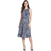 London Times Women's Dresses Sleeveless Jersey Keyhole Belted Midi Dress, Navy/Ivory, 14