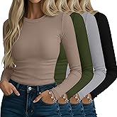 Neer 4 Pack Women's Ribbed Long Sleeve Shirts, Cotton Crew Neck Slim Fit Tops Stretch Knit Casual Base Layer Basic Tee Shirts