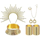 Junkin 5 Pcs African Jewelry Sets for Women with Gold Egypt Choker Bracelet African Nose Rings Hoop Chain Earrings Crown Headpiece Sunburst Spiked Headband for Black History Month Holiday Birthday