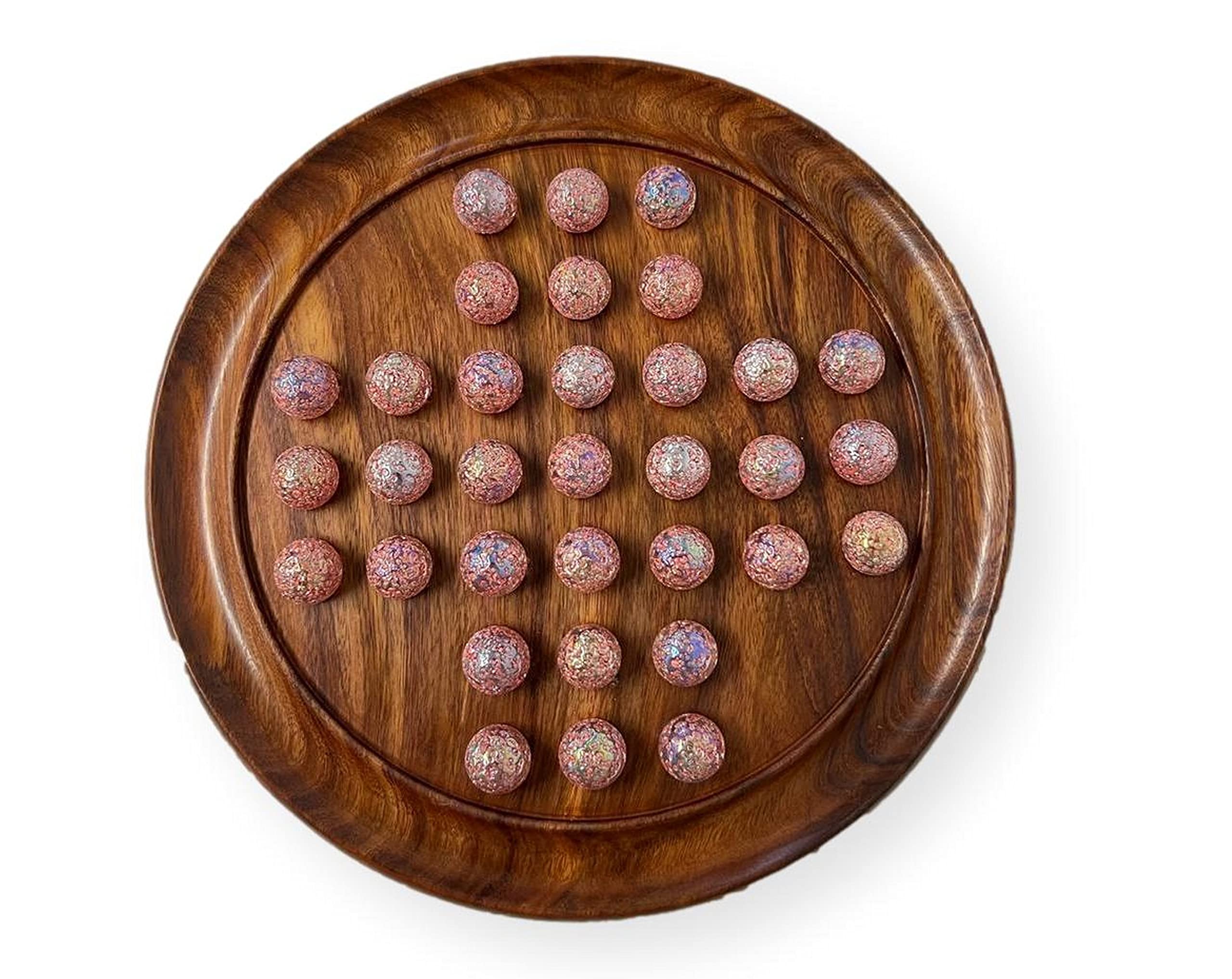 30cm Diameter WOODEN SOLITAIRE BOARD GAME with SPARKLING PRINCESS GLASS MARBLES | |classic wooden solitaire game | strategy board game | family board game | games for one | board games