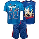 SEGA Sonic the Hedgehog 3 Piece Outfit Set: T-Shirt Tank Top Shorts Toddler to Big Kid