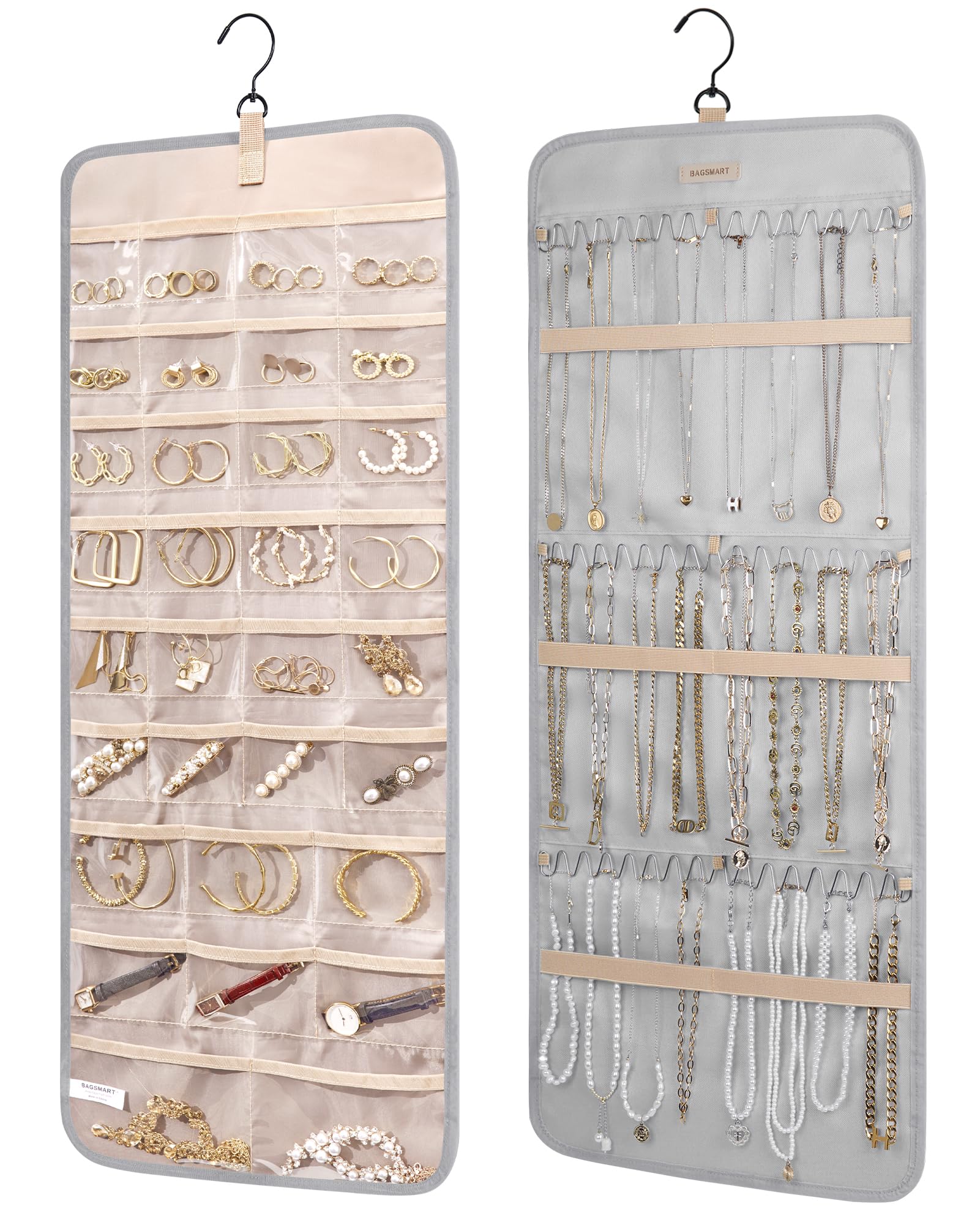 bagsmart Dual-sided Jewellry Organizer Hanging with Metal Hooks,40 Pockets and 3 Wave-Shaped Hooks,Jewelry Roll for Earrings,Necklaces,Rings on Closet,Wall,Door,1 Piece,Extra-Large,Grey