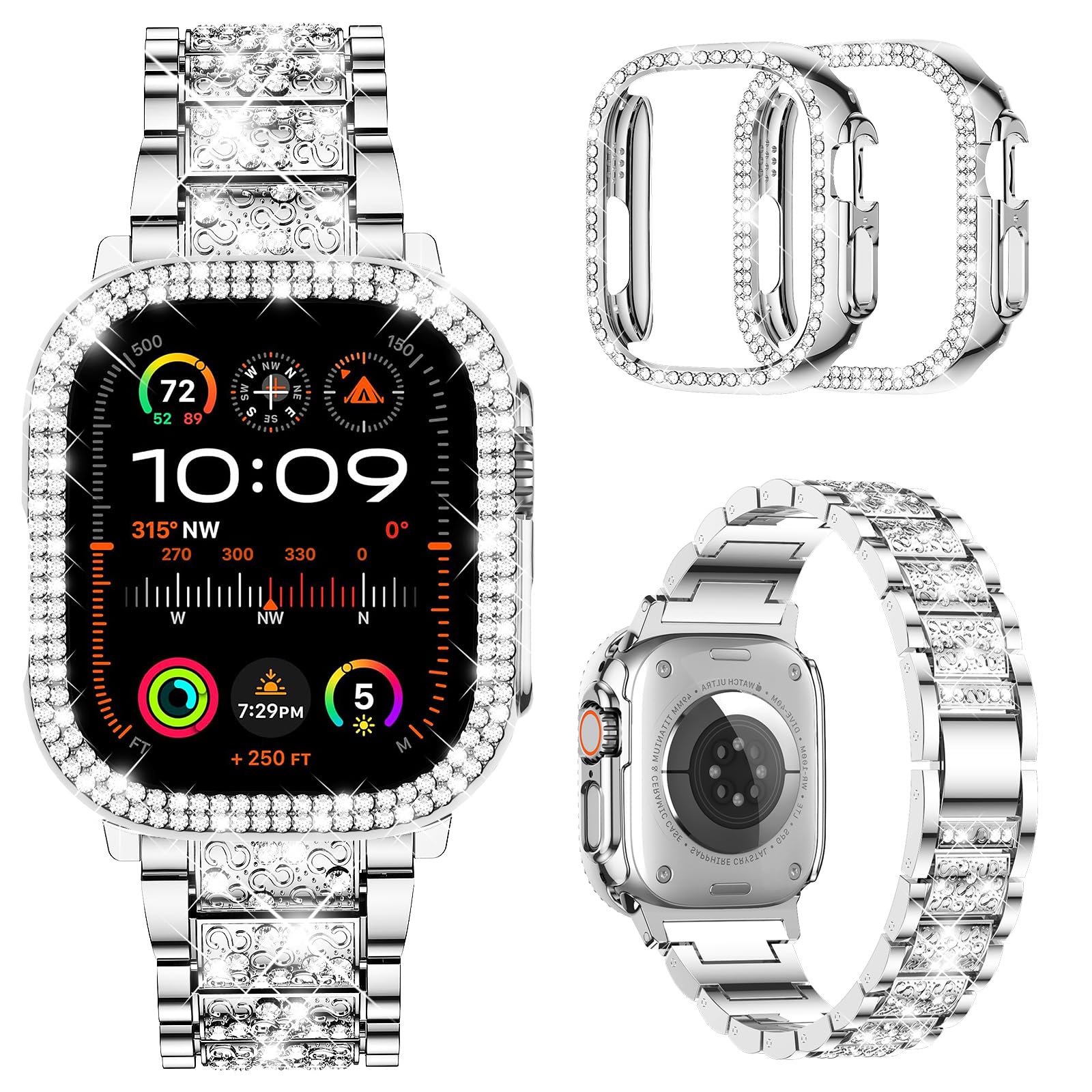 Photo 1 of Mosonio Compatible with Apple Watch Band Ultra 49mm with Case Women, Jewelry Replacement Metal Wristband Strap with 2 Pack Bling PC Protective Cover for iWatch Ultra 49mm (Silver)