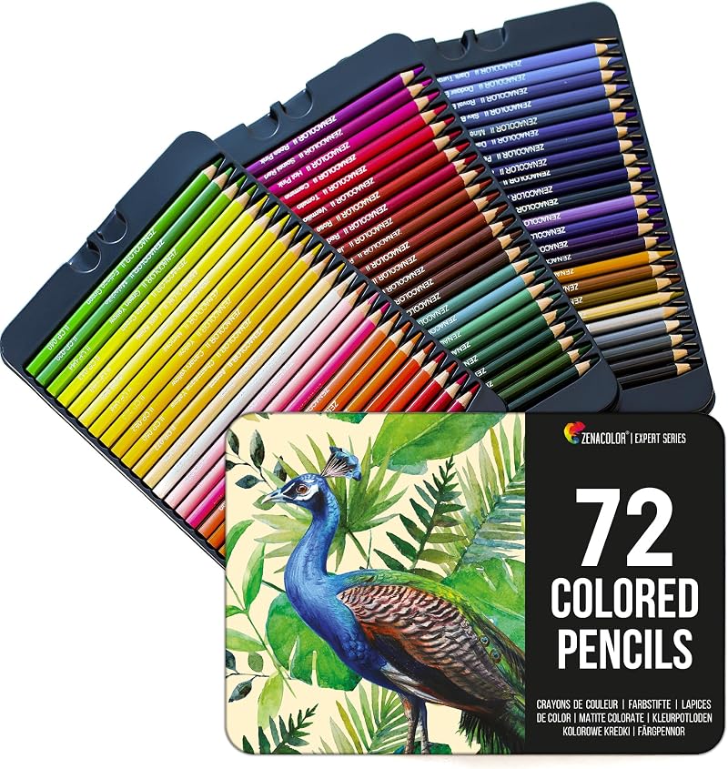 Zenacolor 72 Colour Pencils with Metal Box 3 Trays Pre Sharpened