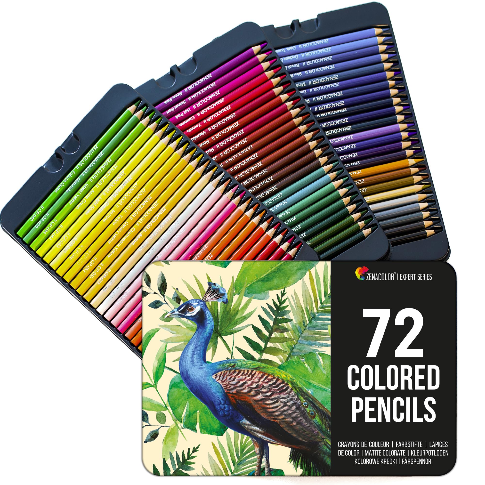 Zenacolor 72 Colouring Pencils with Metal Box 72 Unique Coloured Pencils and Pre Sharpened Crayons for Colouring Book - Easy Access with 3 Trays