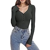 Am Direct Women's Long Sleeve V Neck Shirt Sexy Henley Tight Slim Fitted Going Out Top Ribbed Button Fall Fashion