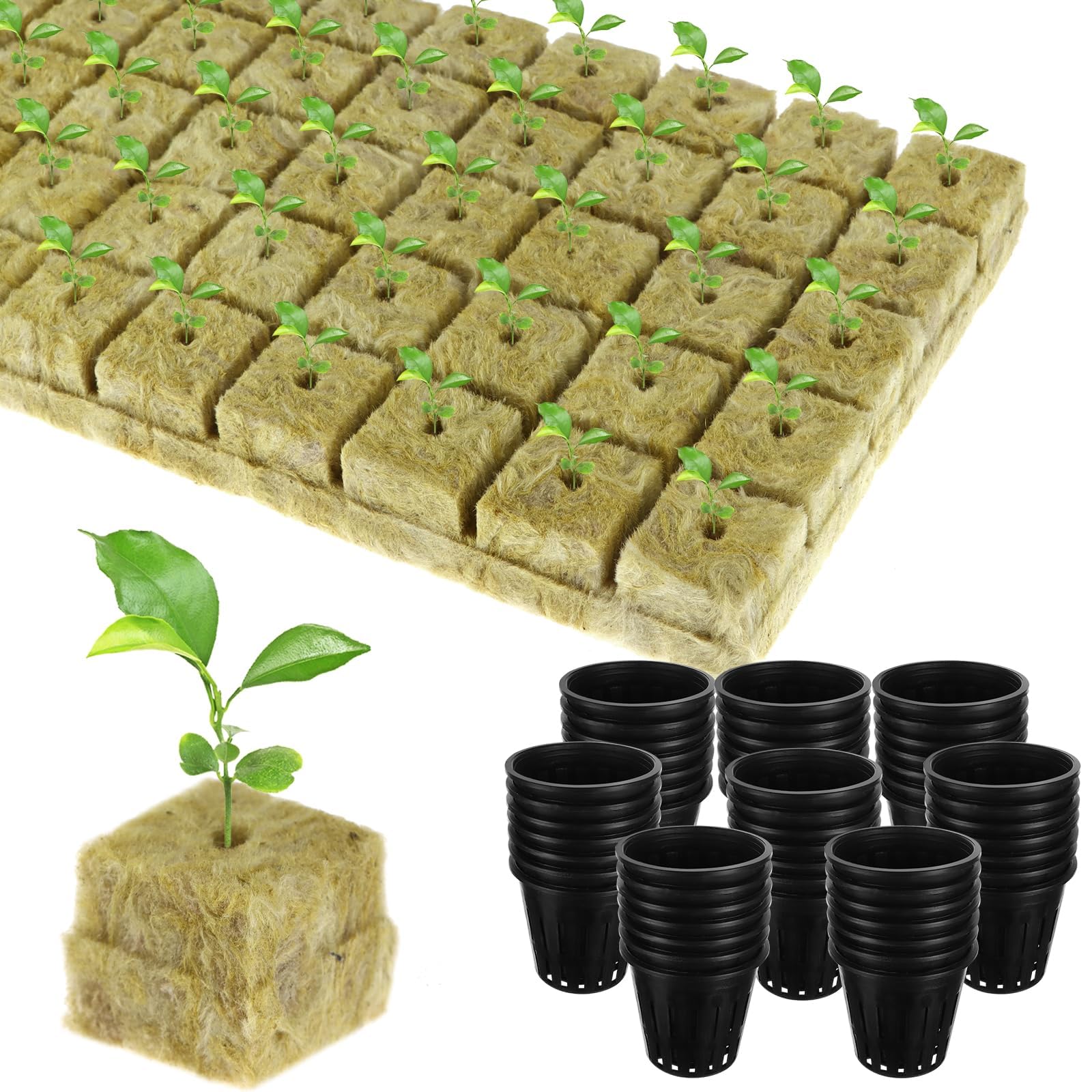 RUIYELE 50 Set Rockwool Grow Cubes with Net Pots Including 50 Packs lastic Net Pots 50 Packs Rock Wool Planting Cubes for Hydroponics Garden Tower Supplies Soilless Planting Seedling Greenhouse