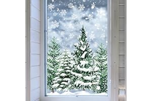 JarThenaAMCS Christmas Window Clings Xmas Tree Snowflake Window Stickers Double-Side Snowy Forest Glass Decals for Winter Home Party, 7.9 x 11.8 Inch, 9 Sheets