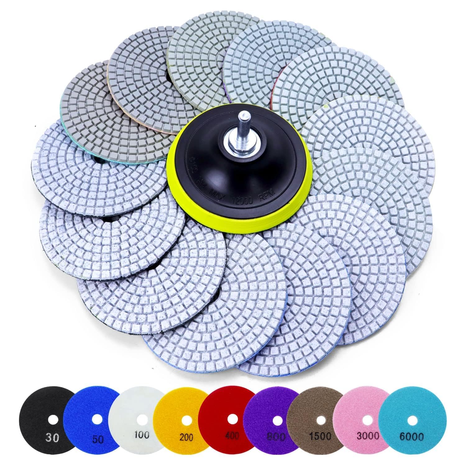 Photo 1 of 16PCS Wet Dry Diamond Polishing Pad Kit, 4 Inch Diamond Sanding Pad 30-6000 Grit with 5/8''-11 Thread Backer Plate for Concrete Marble Quartz Granite Countertop Stone & Tile Polishing