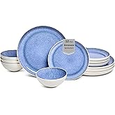 Sango 12-Piece Stoneware Dinnerware Set for 4, Light Blue Reactive Glaze on White Plates and Bowls Sets, Kitchen Ceramic Dish Set, Modern Dishes for Everyday Dining, Microwave & Dishwasher Safe, Cove