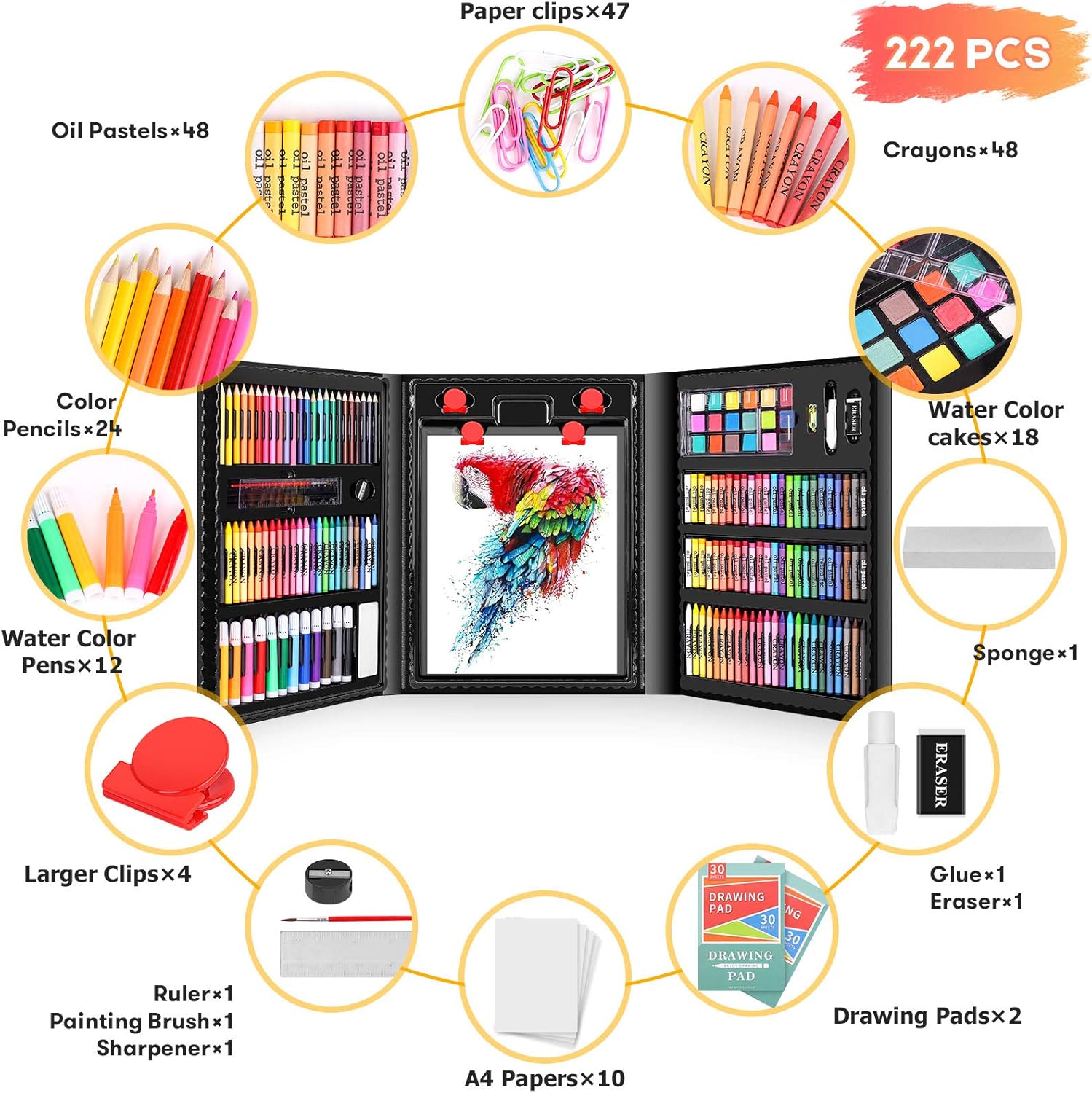 Art Set, iBayam 222 Pack Art Supplies Drawing Kit for Kids Girls Boys Teens Artist Children 5 6 7 8 9 11 12, Deluxe Beginners Art Case Gift with Trifold Easel, 2 Sketch Pads, Pastels, Crayons, Pencils