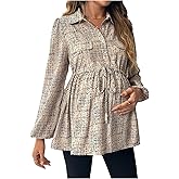 MAKEMECHIC Women's Maternity Blouse Long Sleeve Belted Button Down Casual Pregnancy Blouse Tops