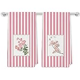 JMICPTUB Pink Chinoiserie Floral Kitchen Towels, Asian Oriental Botanical Plant Dish Tea Towels, Pink and White Striped Flower Decorative Hand Towel for Kitchen Bathroom, 16x24 Inch Set of 2