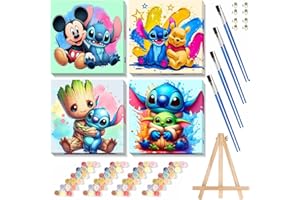 FUINKQE 4 Ps Paint by Numbers for Kids with Framed Canvas,Cartoon Paint by Numbers for Kids Ages 8-12 with Wooden Easel,Easy Acrylic Painting Kits for Home Wall Decor 8X8 Inch