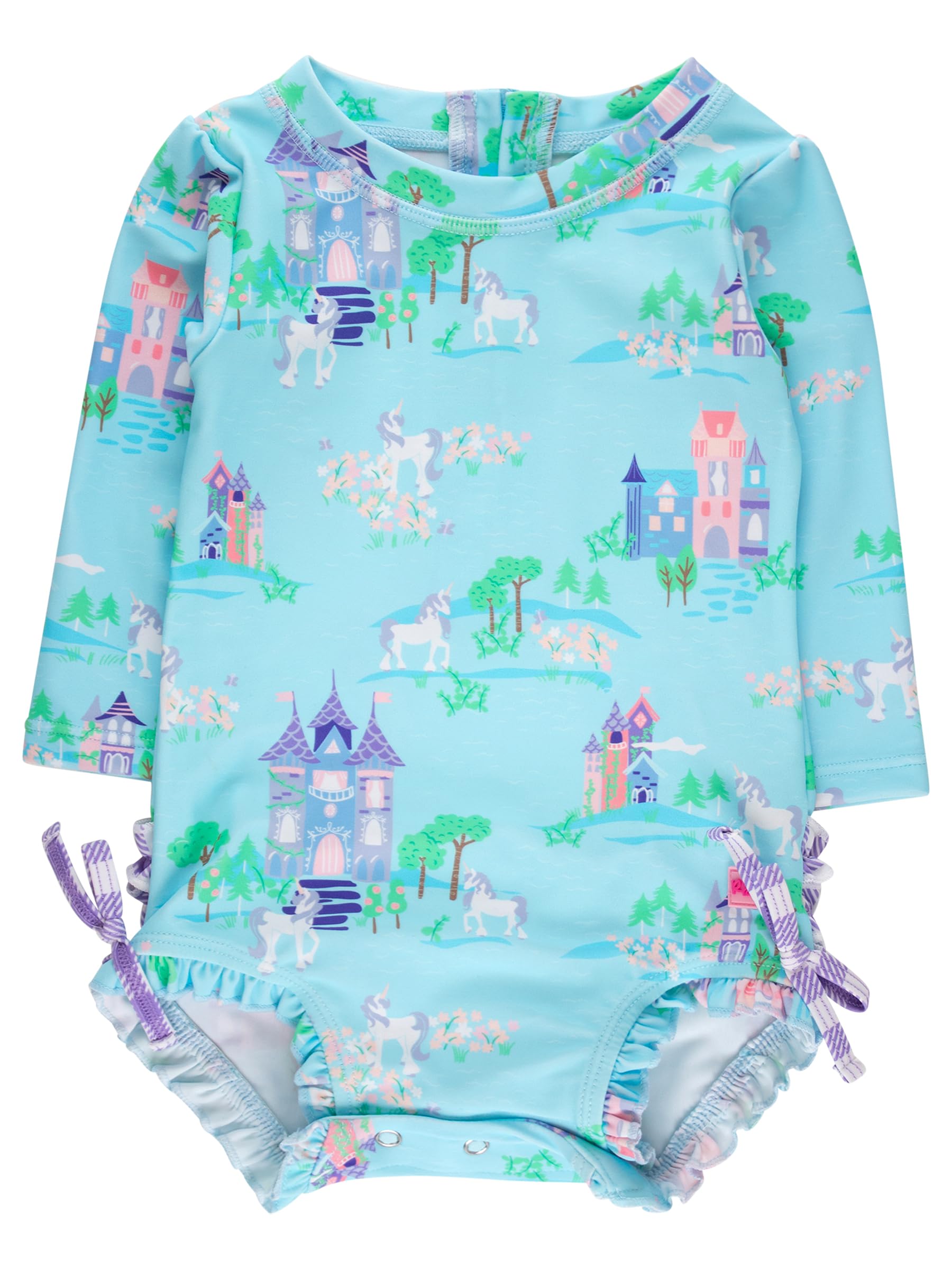 RuffleButts Baby Girls UPF 50+ Sun Protection Novelty Print Long Sleeve One Piece Rash Guard Swimsuit with Zipper - Once Upon a Castle, 3-6m Image