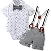 WESIDOM Baby Boy Clothes Suit 0-24 Months Gentleman Outfits, Short Sleeve Dress Romper+Bowtie+Detachable Suspender Shorts Set