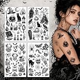 Dark Gothic Sticker Crow Skull Spider Bat Snake Halloween Temporary Tattoos | Dark Gothic Halloween Temporary Tattoos Set of 4, 90 PCS Gothic Dark Crow Skull Spider Bat tattoos for Halloween makeup