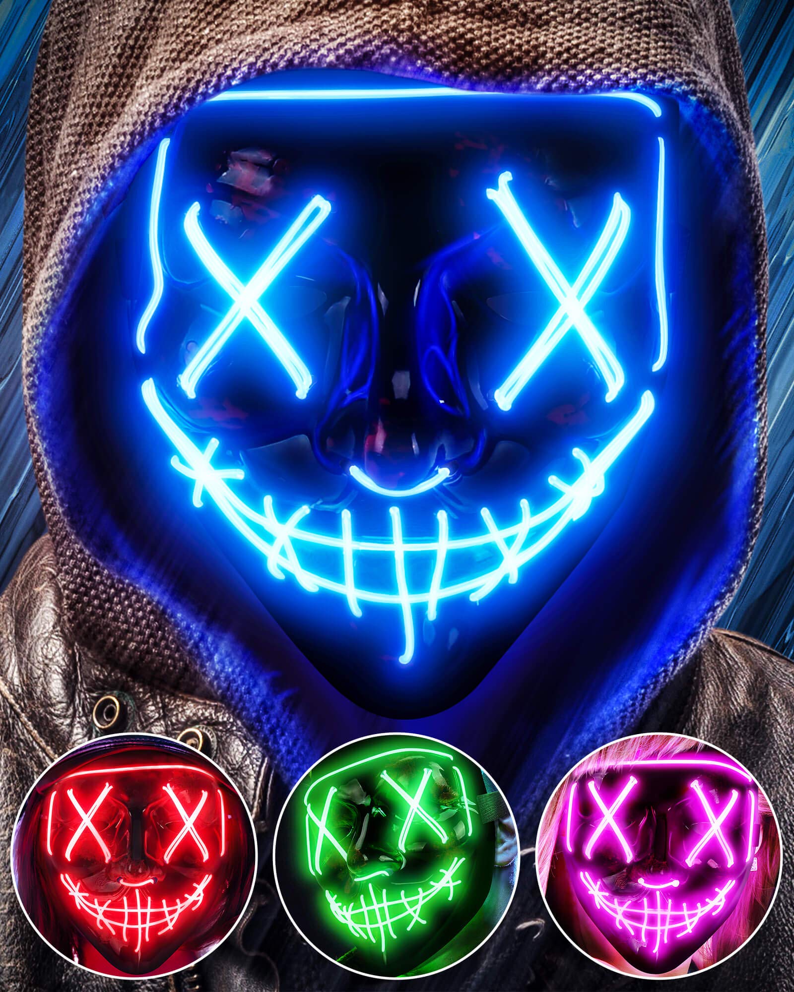 AnanBros Scary LED Halloween Mask, Light up Mask Cosplay, LED Rave Face Mask Costume 3 Lighting Modes, Halloween Face Masks for Men Women Kids - Blue
