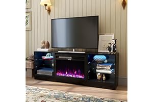 COCO DESIGN Fireplace TV Stand with 23" Fireplace, Electric Fireplace TV Console for TVs up to 75", LED Lights Wood and Glass Entertainment Center & Remote Control, Black
