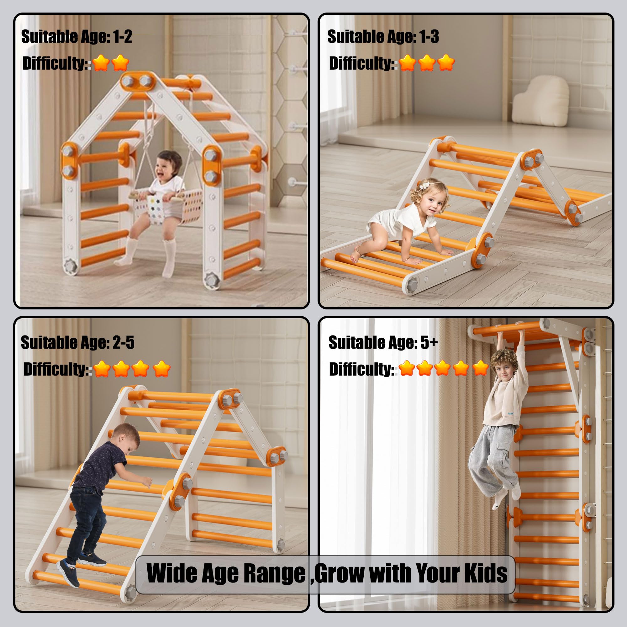 Toddler Climbing Toys,Kids Pikler Triangle Set,Montessori Indoor Play Gym,Multifunction Foldable Indoor Climbing Gym for Kids(Orange)