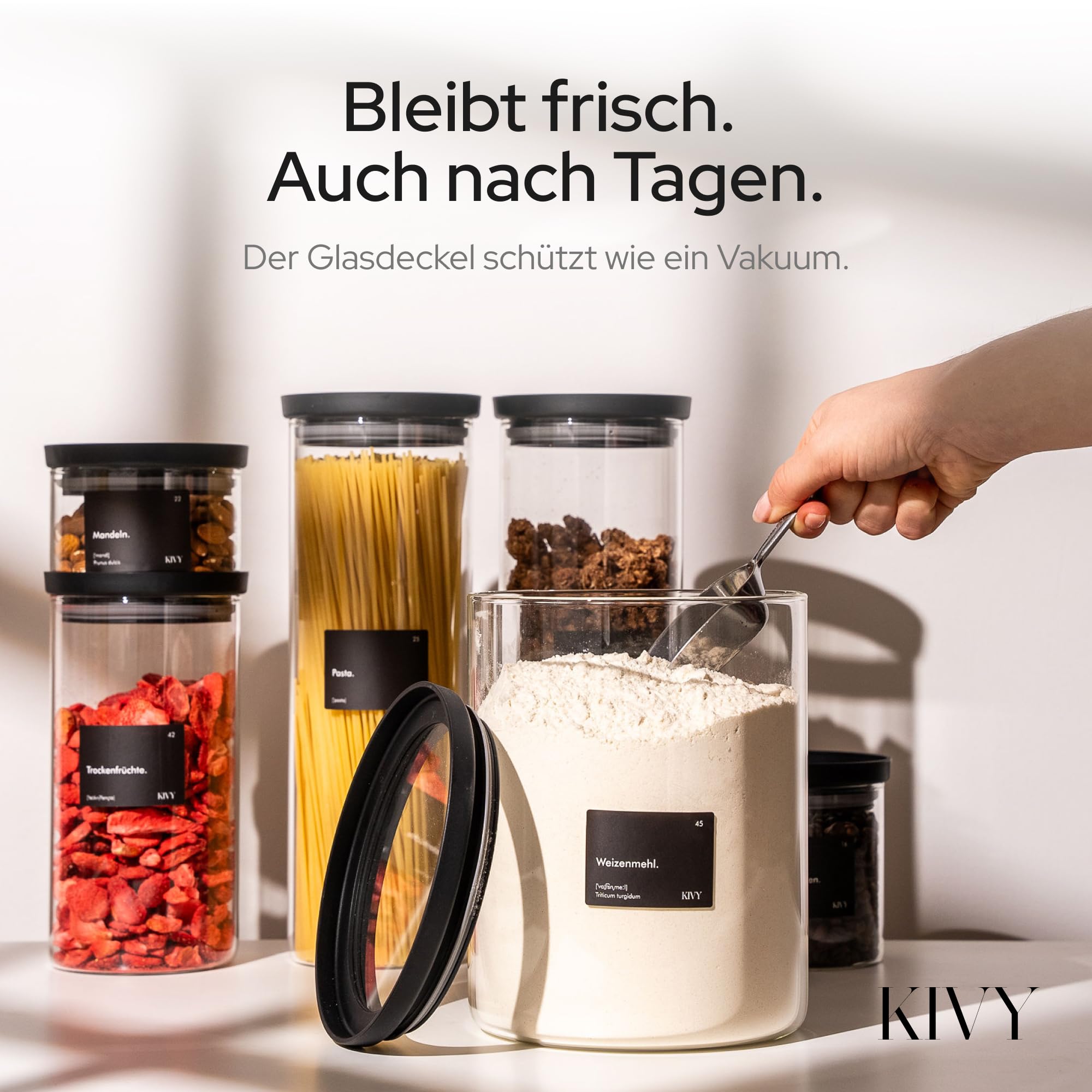 KIVY Vorratsgläser mit transparenten Glasdeckel [3x 1200ml] Luftdichte & Stapelbare Vorratsgläser mit Deckel Luftdicht - Vorratsdosen Glas mit Deckel - Vorratsglas mit Deckel - Aufbewahrungsgläser 7