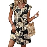 OFEEFAN Summer Dresses for Women Beach Vacation Clothes V Neck Ruffle Sleeve Babydoll Dress Elegant Classy Sundress