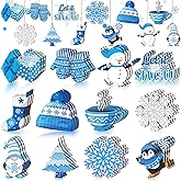 Qunclay 36 Pcs Winter Ornaments for Tree Blue Christmas Snowflake Wooden Hanging Ornament Snowman Gnome Wonderland Wood Pendant Winter Decorations for Home Small Tree Party Decor